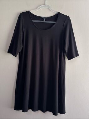 Eileen Fisher Black Stretch Knit Half Sleeve Minimalist Tunic Top Womens Large